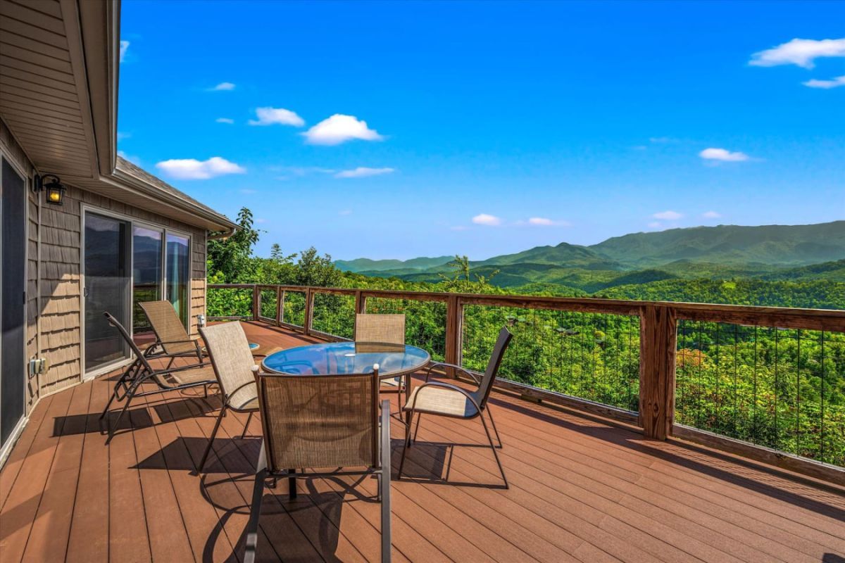 Incredible Smoky Mountain views from the deck at Serenity Mountain cabin in Gatlinburg.