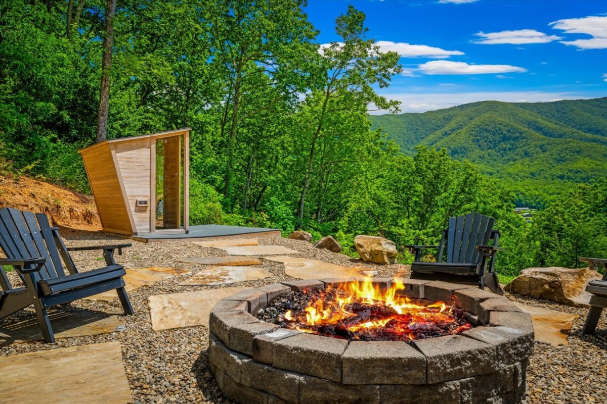 Firepit and sauna at a Smoky Mountain cabin rental