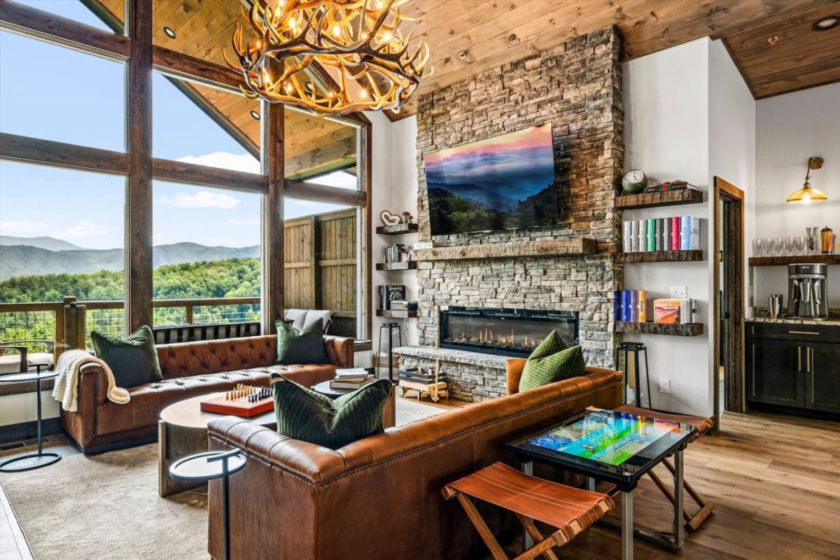 Living room with incredible views at a Smoky Mountain cabin
